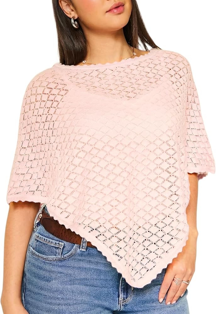 Ainangua Womens Open Stitch Poncho Tops Cropped Shawl Cape with Scalloped Trim Elegant Wraps Tren... | Amazon (US)
