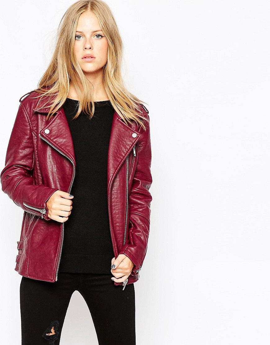 Urbancode Oversized Biker Jacket in Textured PU - Burgundy | ASOS US