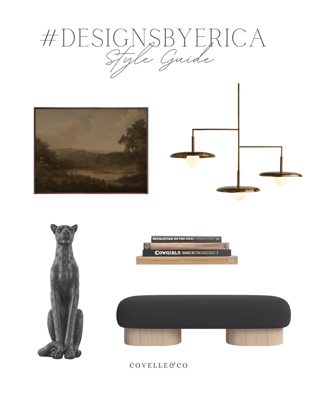 Welcome to the dark side… where design gets deeper, richer, and infinitely more interesting.
This week’s DesignsByErica Style Guide breaks down how an all-black palette transforms a simple vignette into a museum-worthy moment. A sculptural chandelier, a clean modern bench, stacked design books, bold wall art, and a cheetah with unapologetic attitude—each piece plays its part.
Because when you commit to black, you unlock a level of sophistication that color just can’t touch. 🖤✨

#LTKvlog #LTKdayinmylife #LTKHome