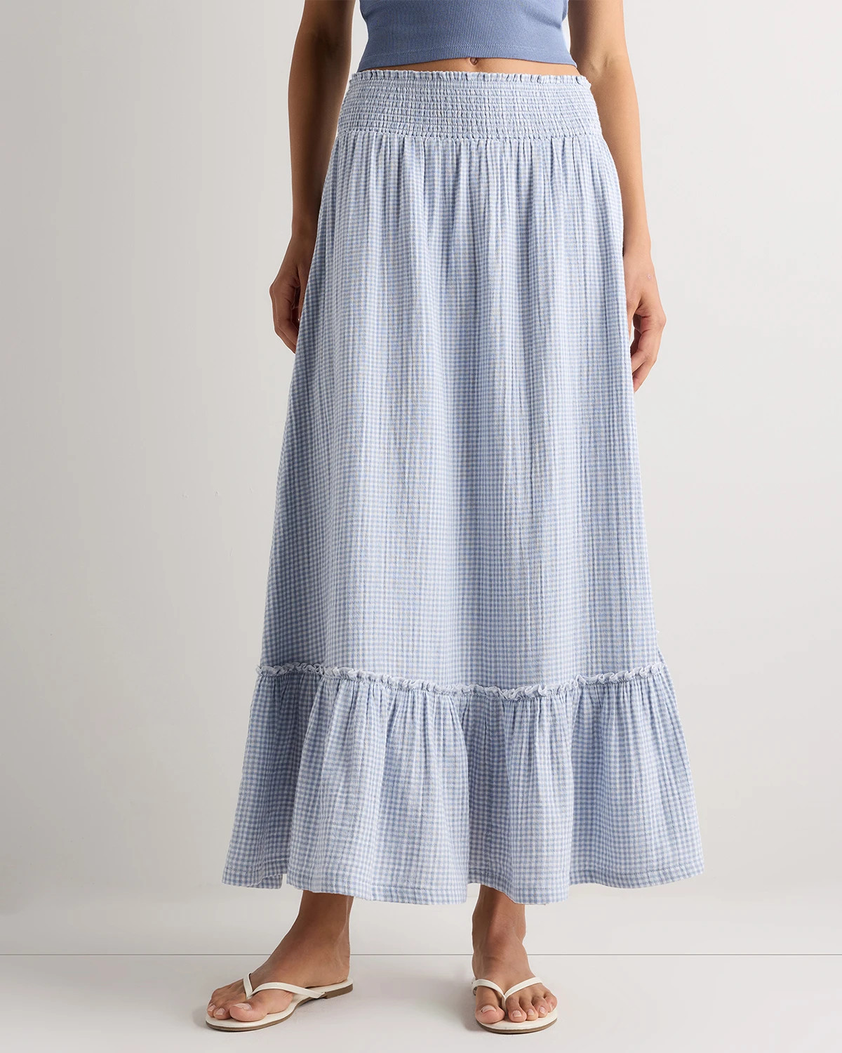 Organic Cotton Gauze Smocked Maxi Skirt in Blue Gingham | Quince