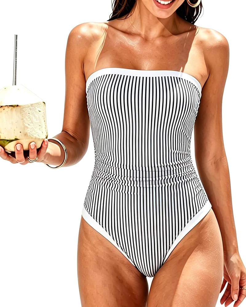 SUUKSESS Women One Piece Tummy Control Swimsuit Strapless Bandeau Bathing Suit | Amazon (US)