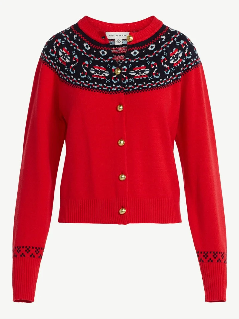 Free Assembly Women's Cozy Yarn Fair Isle Cardigan Sweater, Midweight, Sizes XS-XXL | Walmart (US)