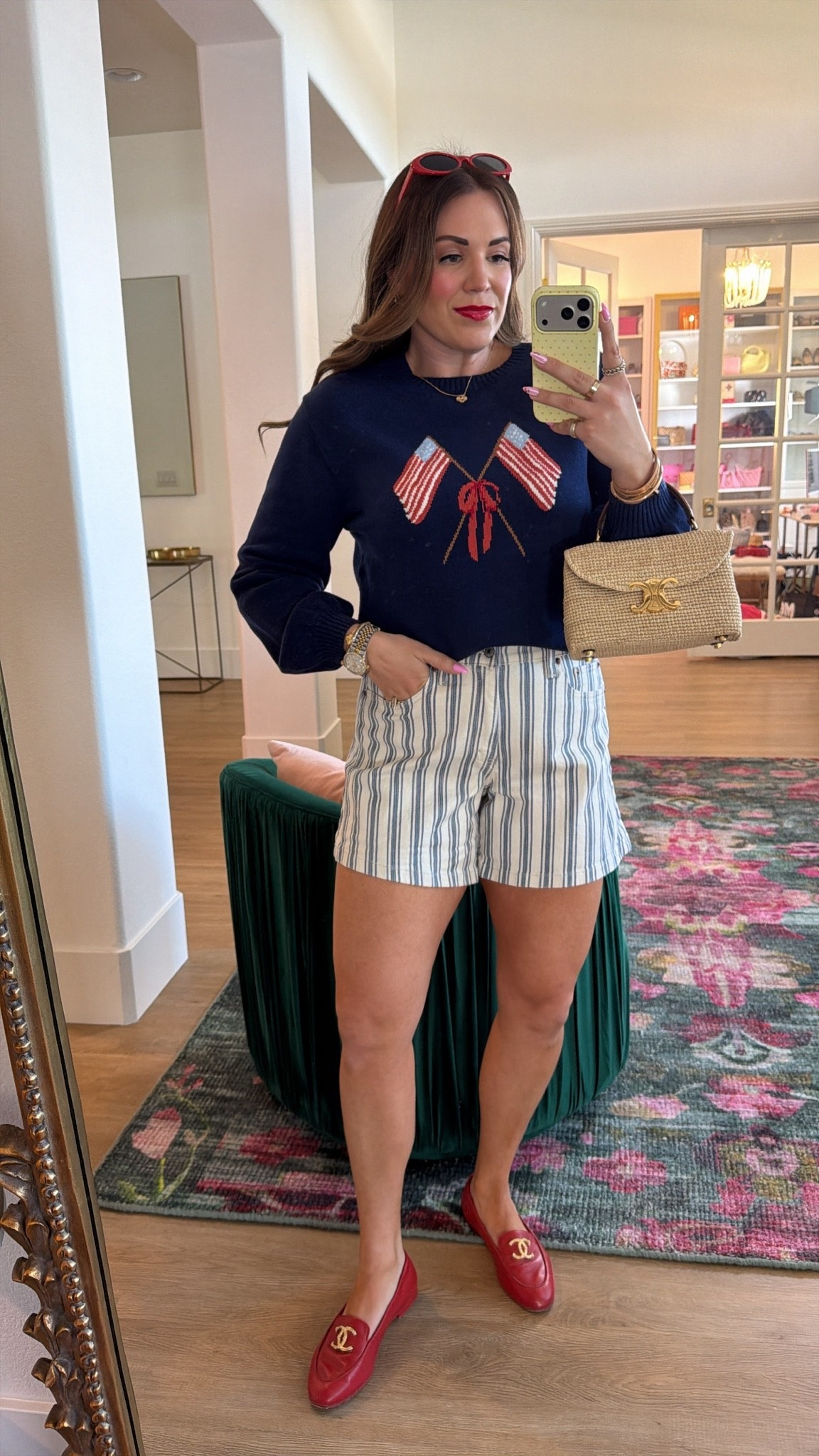 curvy midsize red white and blue look for the 4th of July! ❤️🤍💙 wearing size large in bow flag sweater (comes in mini size too!) and size 30 in striped blue denim shorts

#LTKSeasonal #LTKMidsize
