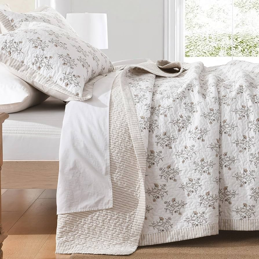 100% Cotton Quilt Set Queen Size, Queen Quilt, Floral Striped Reversible Botanical Quilted Bedspr... | Amazon (US)