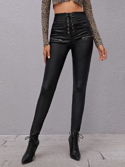 High Waisted Lace Up Front Skinny Jeans | SHEIN