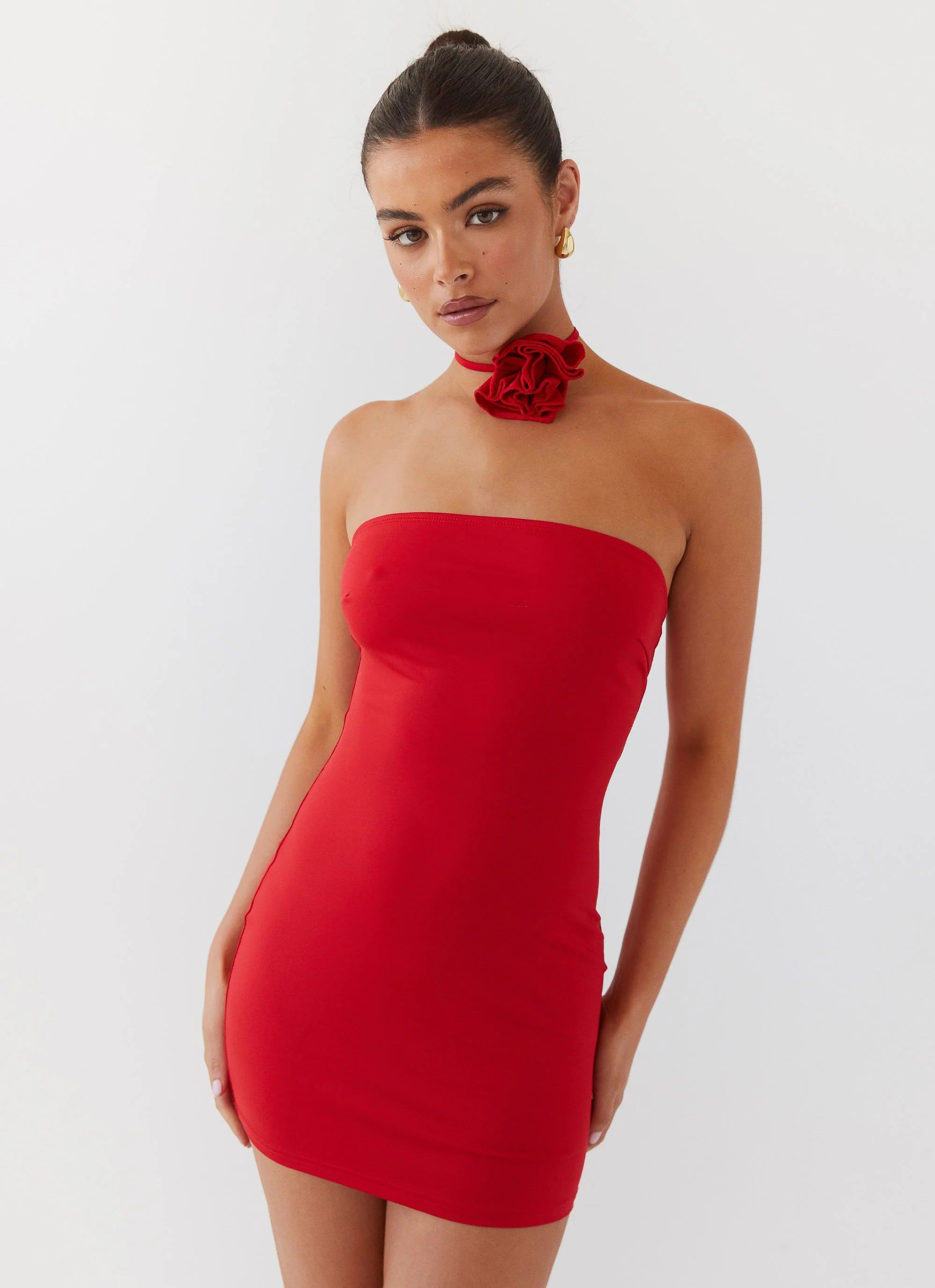 Ruby Glamour Rose Mini Dress - Rouge Red | Peppermayo (Global)