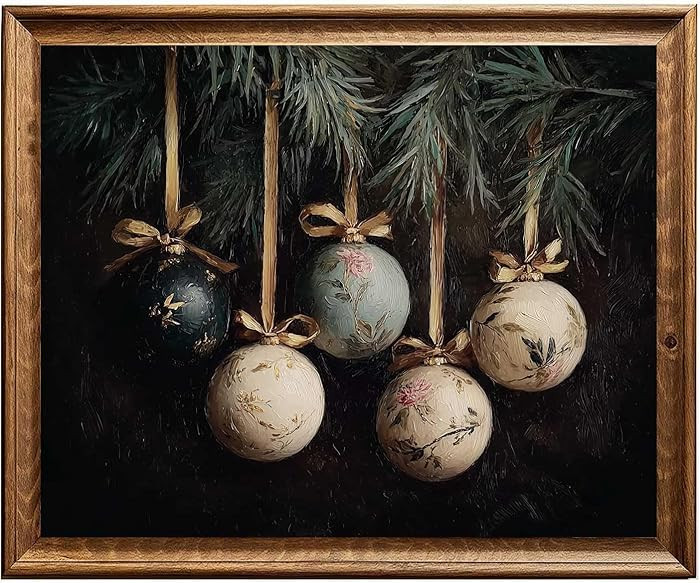 Vintage Christmas Ornament Wall Art – Dark Rustic Winter Holiday Print with Festive Gold Accent... | Amazon (US)