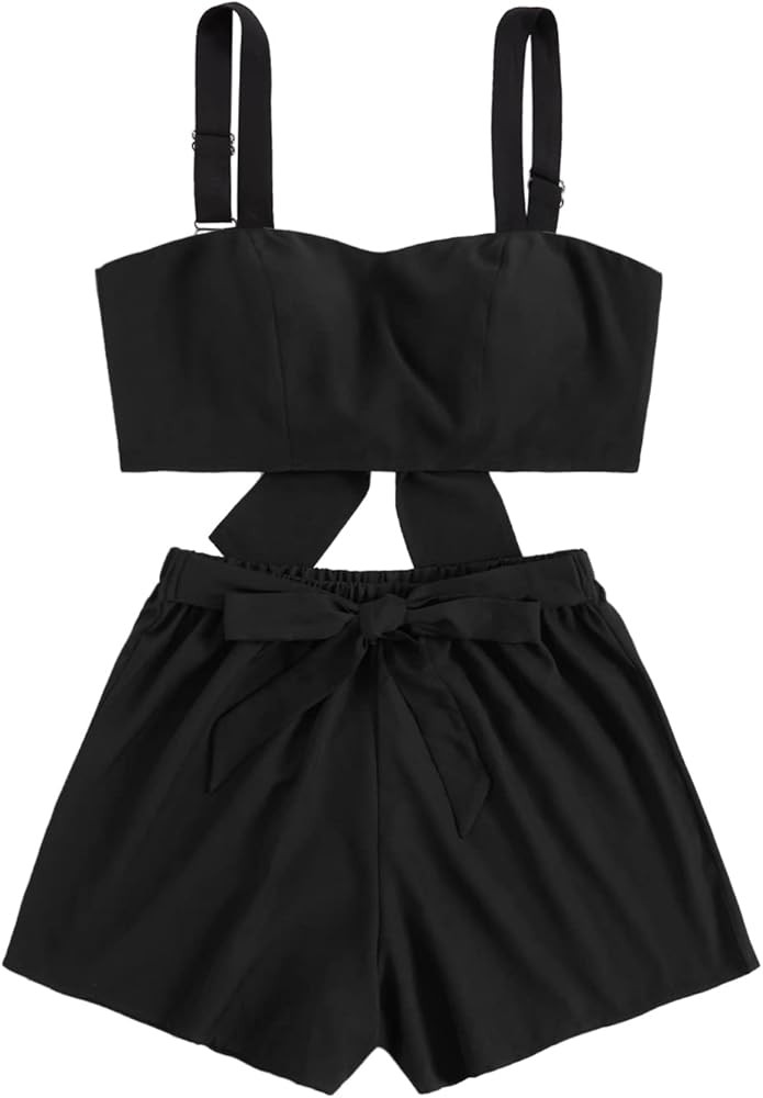 SweatyRocks Women's Black 2 Piece Outfits Summer Sleeveless Tie Back Crop Cami Top and Shorts Set | Amazon (US)