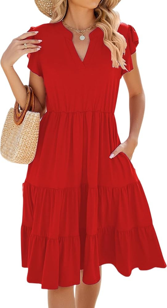 Summer Dress Midi Dresses Sundress, Casual Fit, Ruffle Sleeve V Neck Flowy Tiered Boho | Amazon (US)