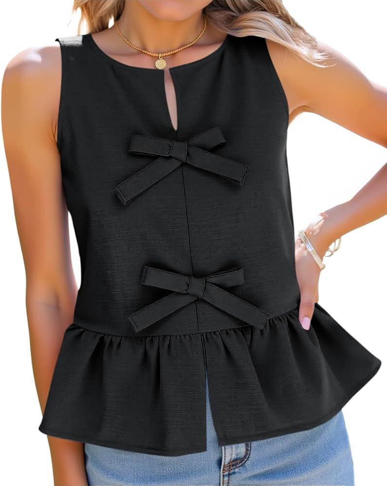 Tankaneo Womens Peplum Tank Tops Summer Sleeveless Cotton Linen Babydoll Blouses Loose Bow Knot F... | Amazon (US)