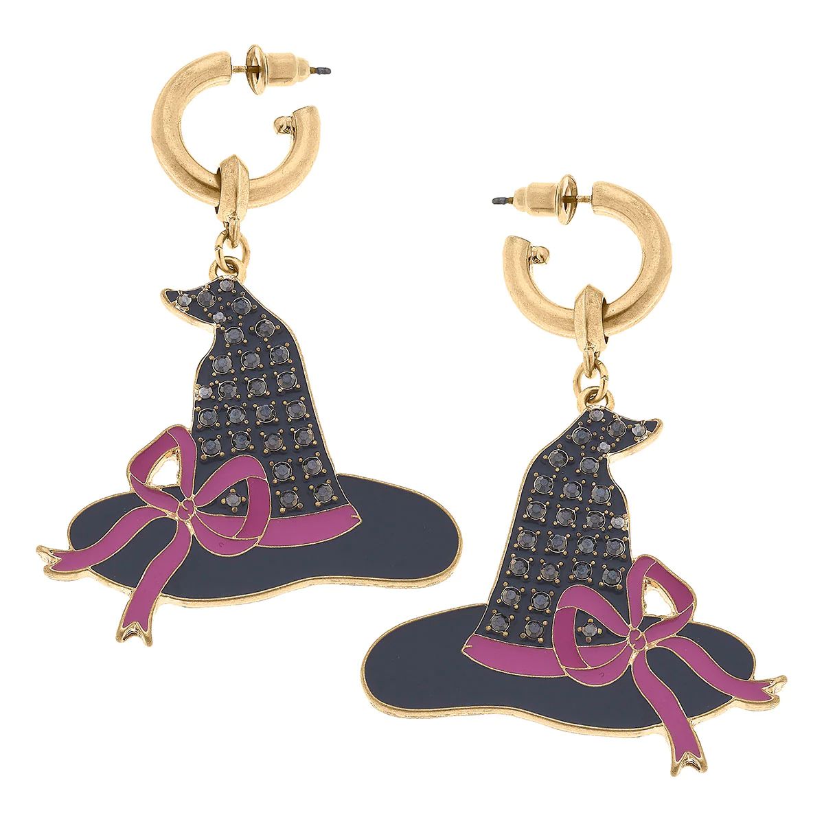 Halloween Witch Hat Enamel & Pave Earrings in Black & Pink | CANVAS