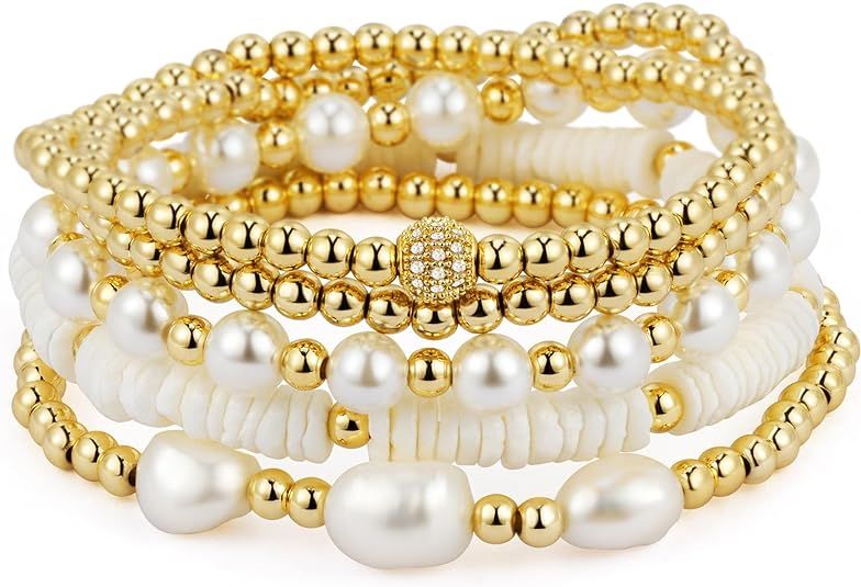 Gold Beaded Bracelets for Women Stackable Gold Bracelets for Women 14K Gold Plated Stretch Bead B... | Amazon (US)