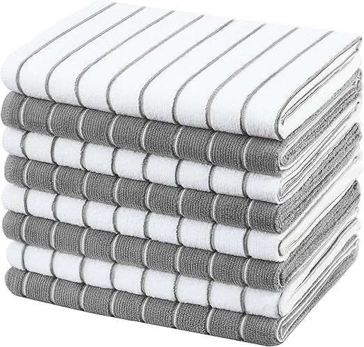 Gryeer Microfibre Tea Towels - Pack of 8 (Stripe Designed Grey and White Colours) - Soft, Super A... | Amazon (UK)