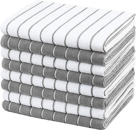 Gryeer Microfibre Tea Towels - Pack of 8 (Stripe Designed Grey and White Colours) - Soft, Super A... | Amazon (UK)