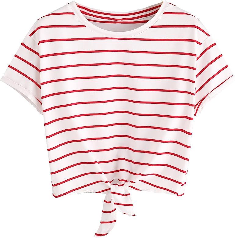 Women's Knot Front Cuffed Sleeve Striped Crop Top Tee T-Shirt | Amazon (US)