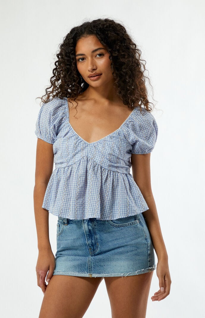 Women's Gingham Babydoll Top in Blue/White - Size XS | PacSun
