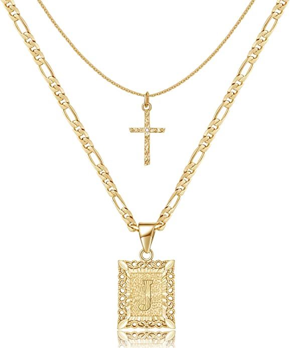 KELORIS PATH Gold Layered Initial Cross Necklace, 14K Gold Plated Layering Square Letter Pendant ... | Amazon (US)