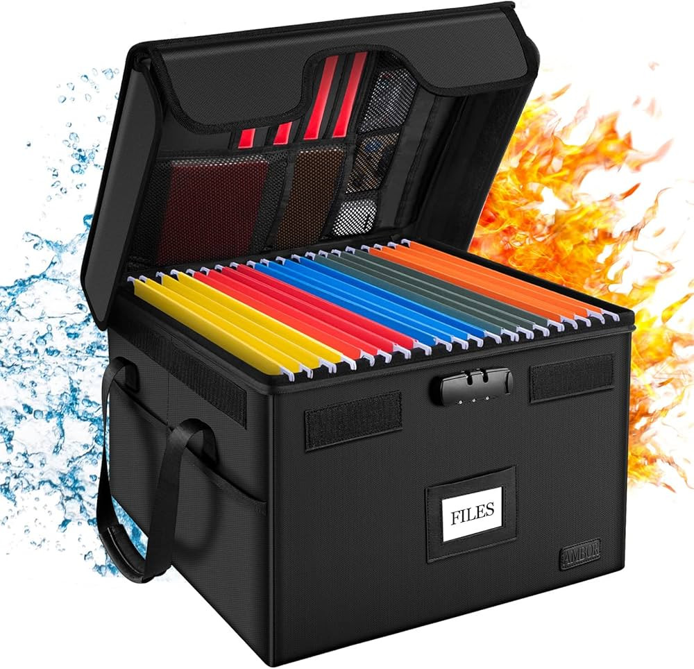 AMBOR File Box with Lock, Fireproof Document Box with 5 Tabs, Collapsible File Organizer with Han... | Amazon (US)