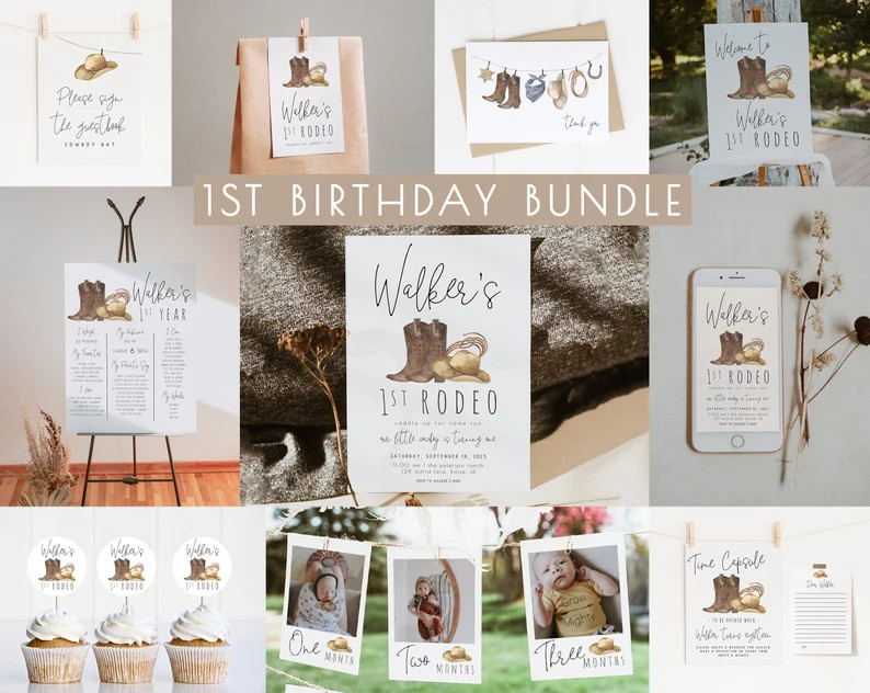 1st Rodeo Birthday Bundle Editable Invitation Template Set | Cowboy Western First Rodeo Birthday ... | Etsy (US)