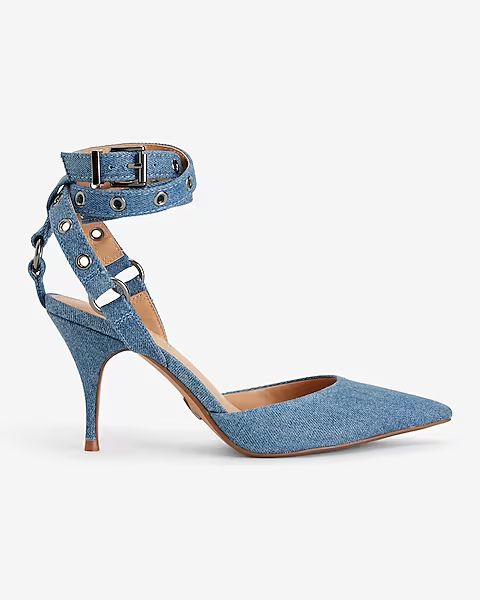 Brian Atwood x Express Denim Grommet Ankle Strap Pumps | Express
