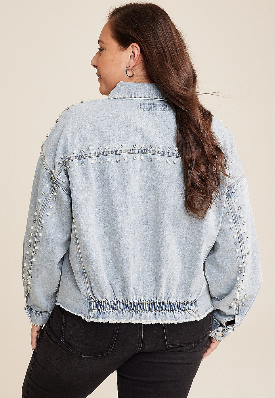 Plus Size Embroidered Pearl Studded Denim Jacket | Maurices