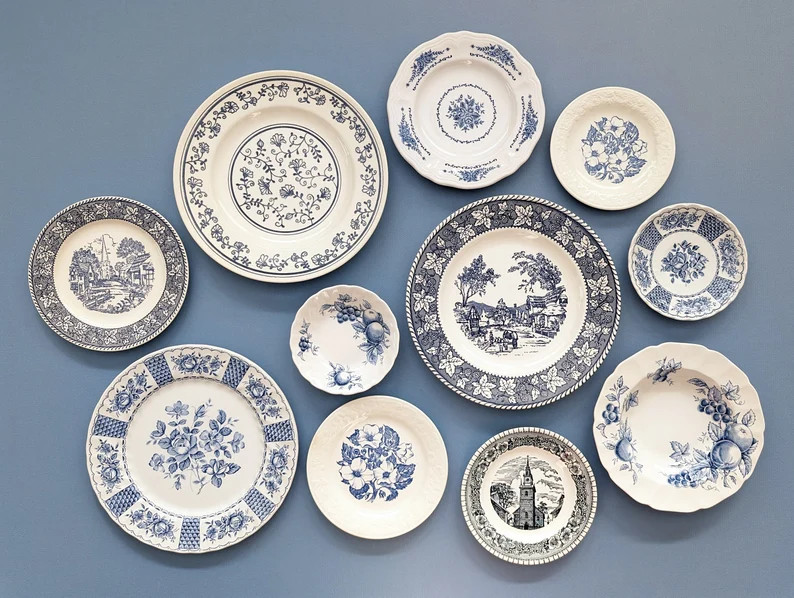 Vintage Blue and White Transferware Plate Wall Collection, Farmhouse Wall Decor Plate Display, Di... | Etsy (US)