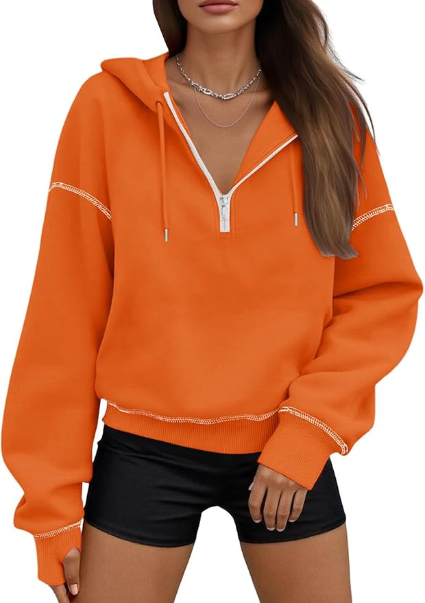 Womens Hooded Sweatshirt Half Zip Fleece Hoodies Long Sleeve Cropped Pullover Tops Fall Winter Ou... | Amazon (US)