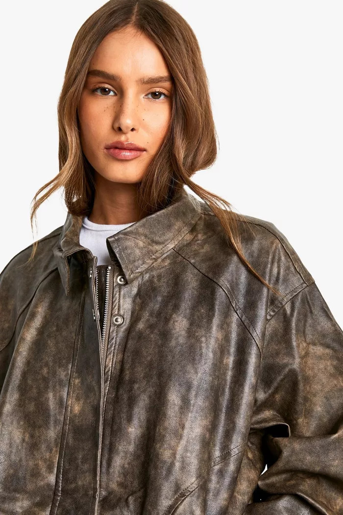 Vintage Look Faux Leather Bomber Jacket | Boohoo.com (UK & IE)