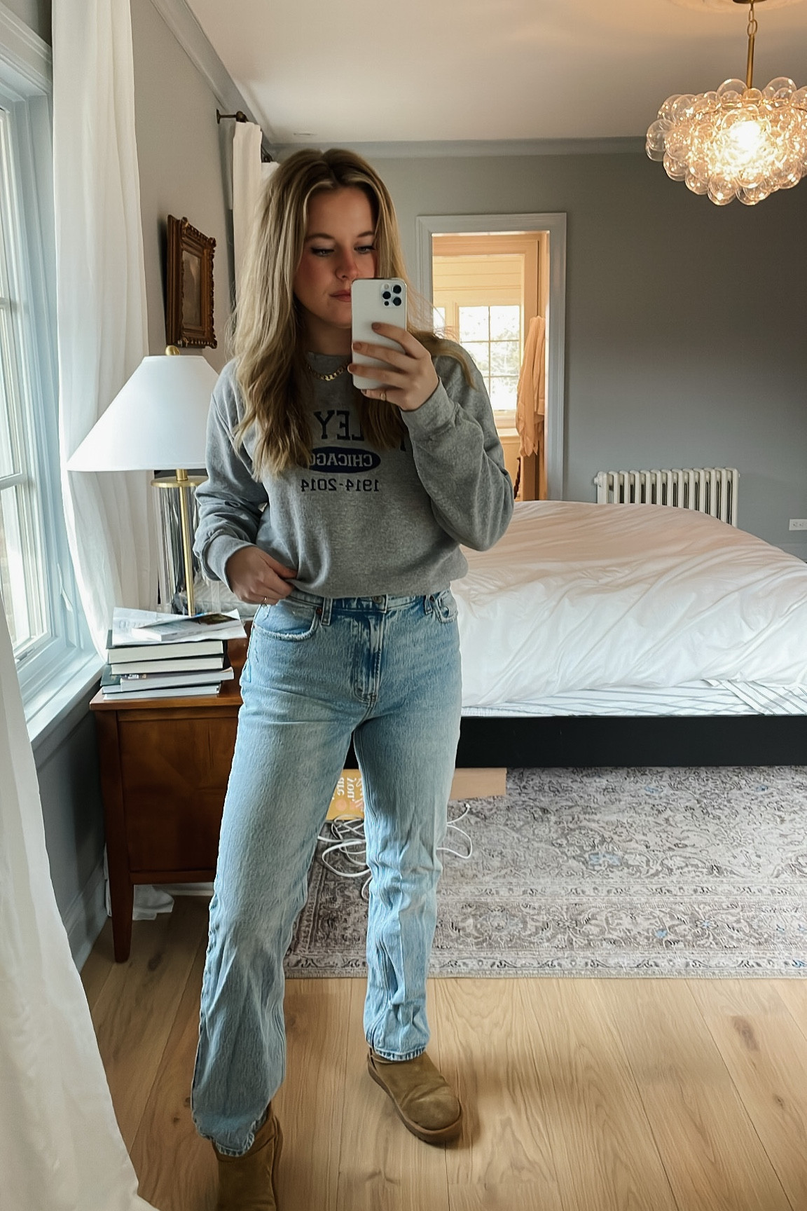 90’s straight jeans, ultra mini ugg dupes, gold chain necklace, mom life uniform 