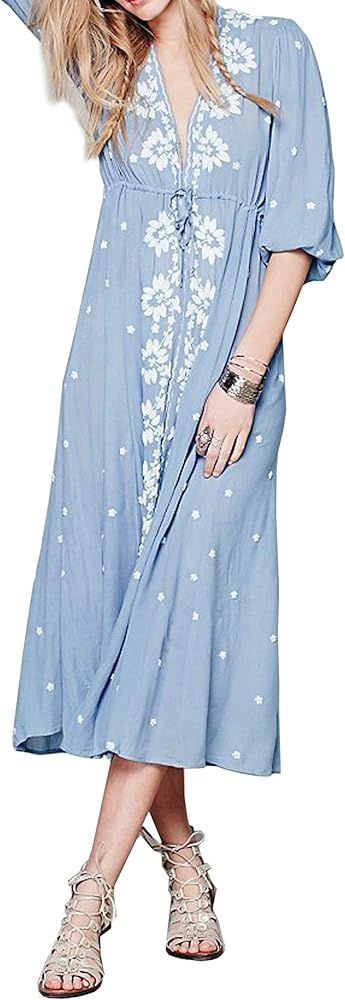 Womens Boho Floral Embroidered Casual Drawstring Tie Cotton Long Dresses | Amazon (US)