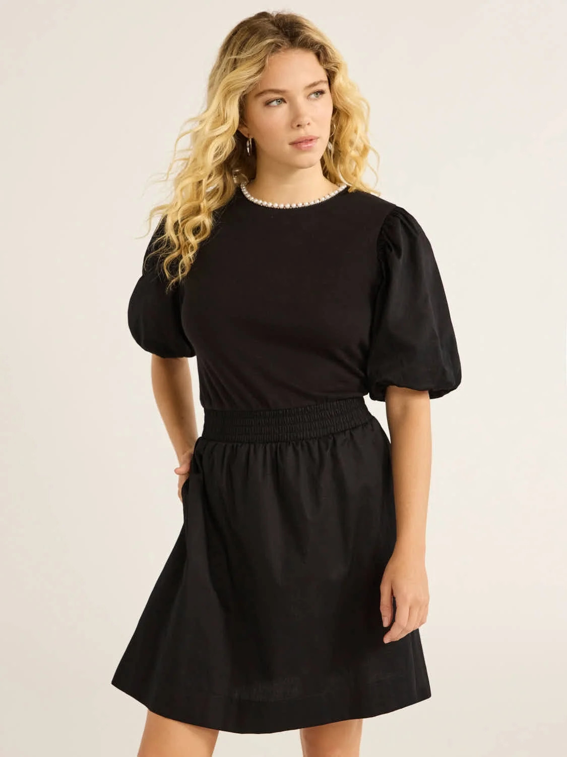 Free Assembly Women's Cotton Mixy Mini Dress with Beads and Puff Sleeves, Size XS-4X | Walmart (US)