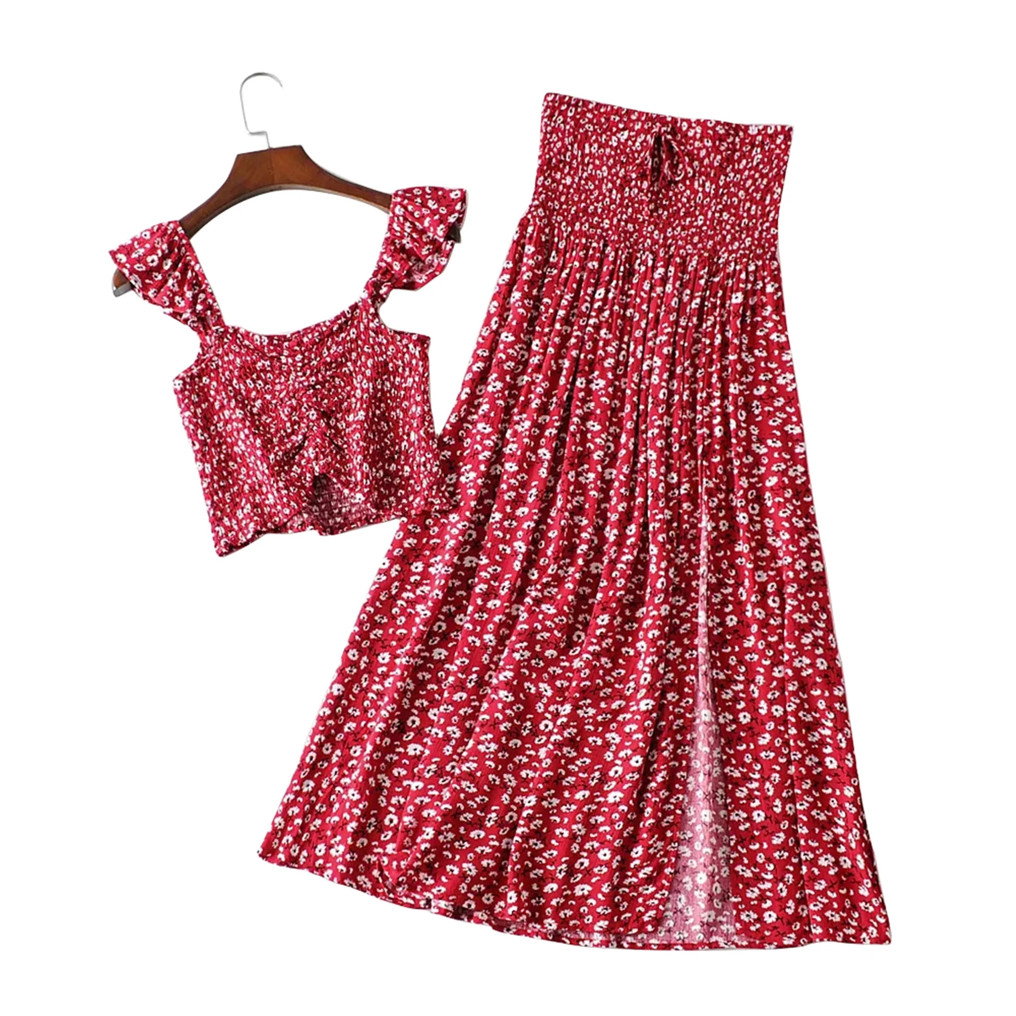 JBEELATE Women's Floral Two Piece Outfit Shirred Cami Crop Top and Split Long Skirt Set - Walmart... | Walmart (US)