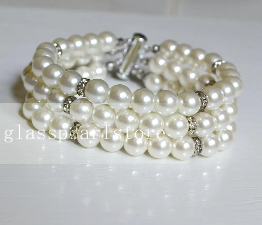 Ivory Glass Pearl Bracelet, Rhinestone, Triple Strand Wedding Jewelry - Etsy | Etsy (Global)