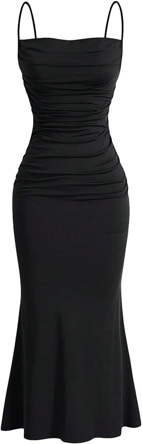 Milumia Women's Ruched Bodycon Fishtail Maxi Dress Spaghetti Strap Sleeveless Long Cami Dress | Amazon (US)