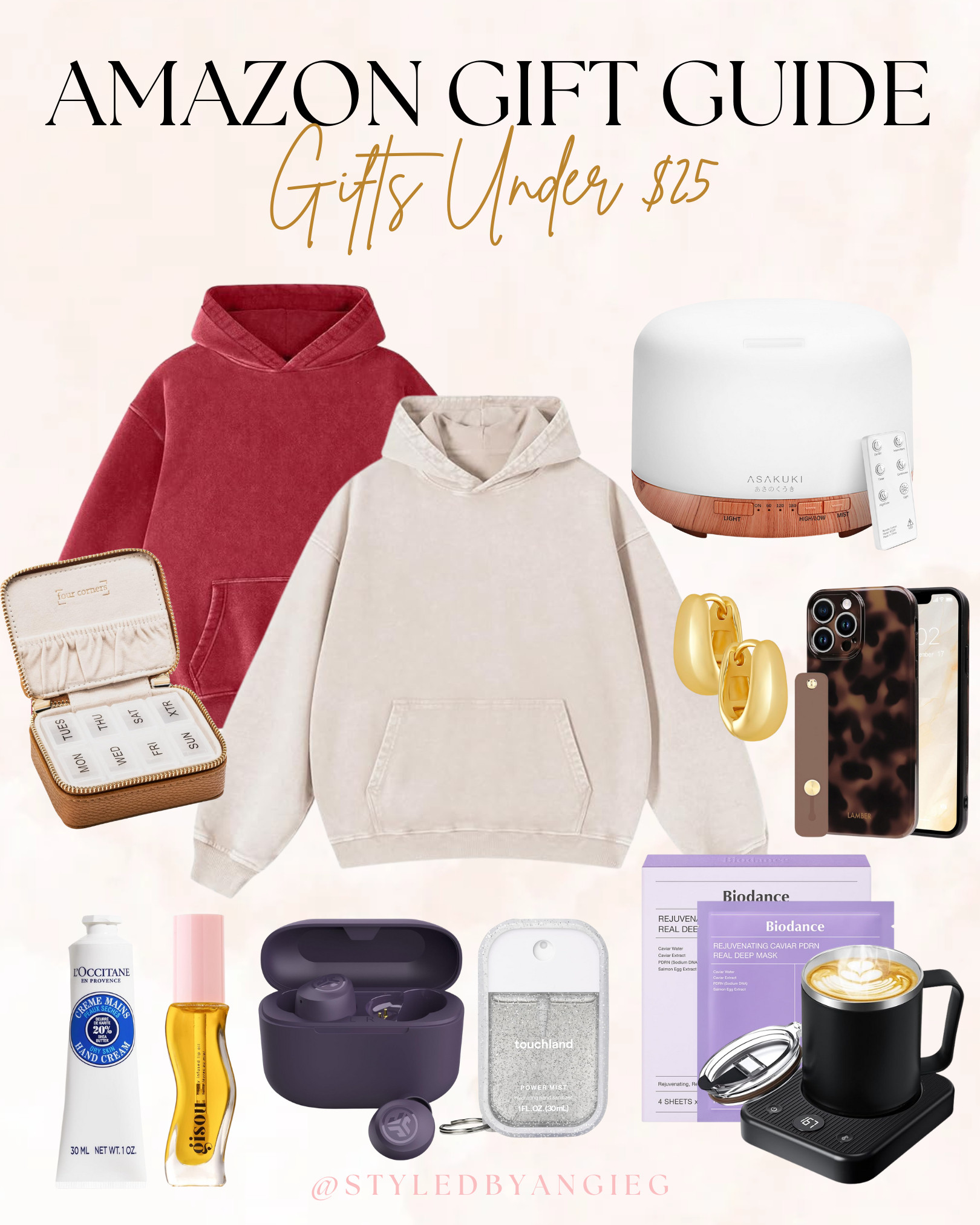 Amazon gifts under $25! Cozy hoodies, beauty gifts, jewelry case, diffuser, gold hoops, phone cases, hand cream, perfume oil, earbuds, sanitizer spray, sheet masks, mug warmer, stocking stuffers for her 

 

#LTKGiftGuide #LTKHoliday #LTKSeasonal