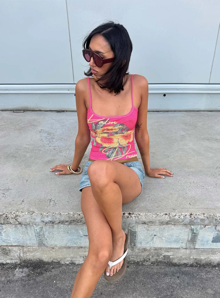 Palm Dreams Beaded Graphic Tank Top Pink | Princess Polly US