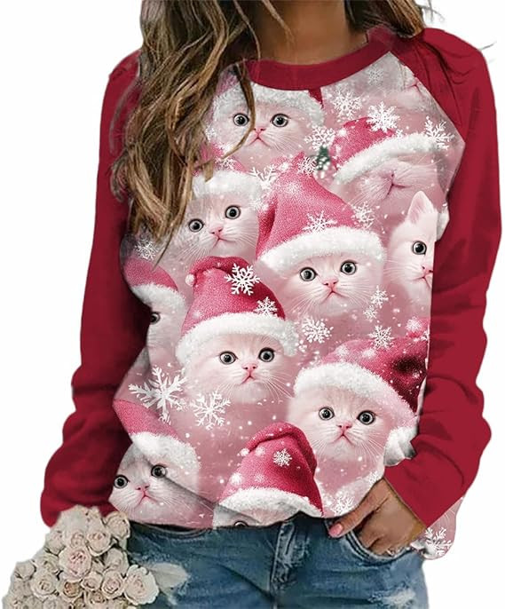 Funny Christmas Hoodies for Women Cute Cat Dog Sweaters Long Sleeve Pullover Christmas Crewneck S... | Amazon (US)
