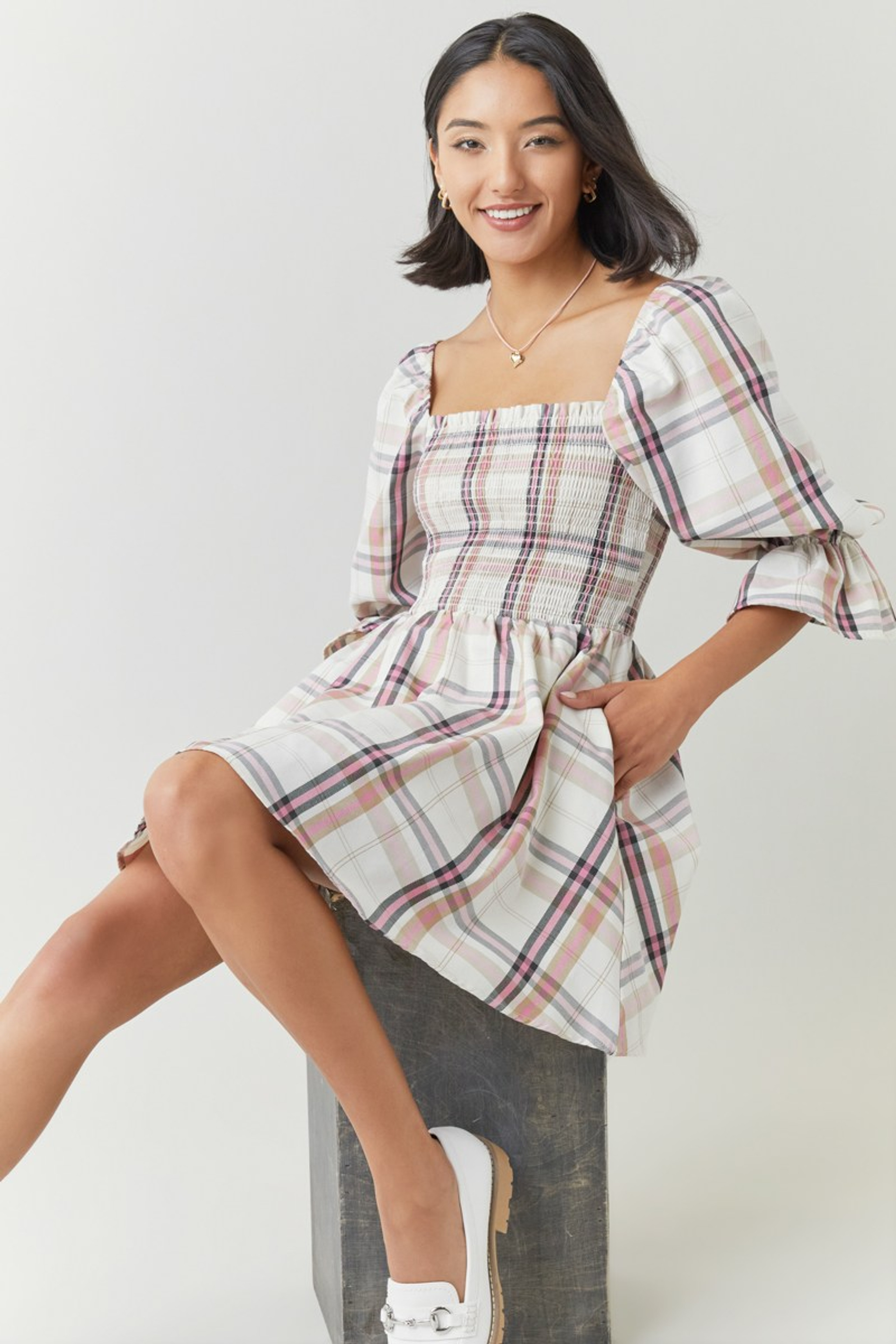 Jada Smocked Top Plaid Mini Dress | Francesca's