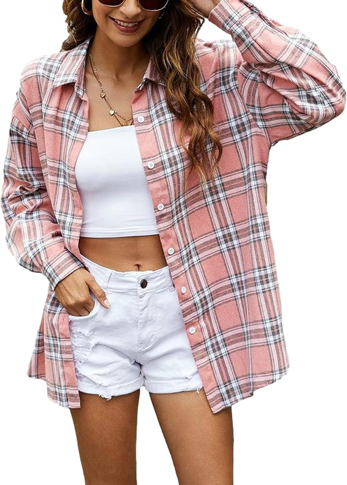 Lumister Womens' Oversized Flannel Plaid Shirt Long Sleeve Drop Shoulder Lapel Button Down Shirt ... | Amazon (US)