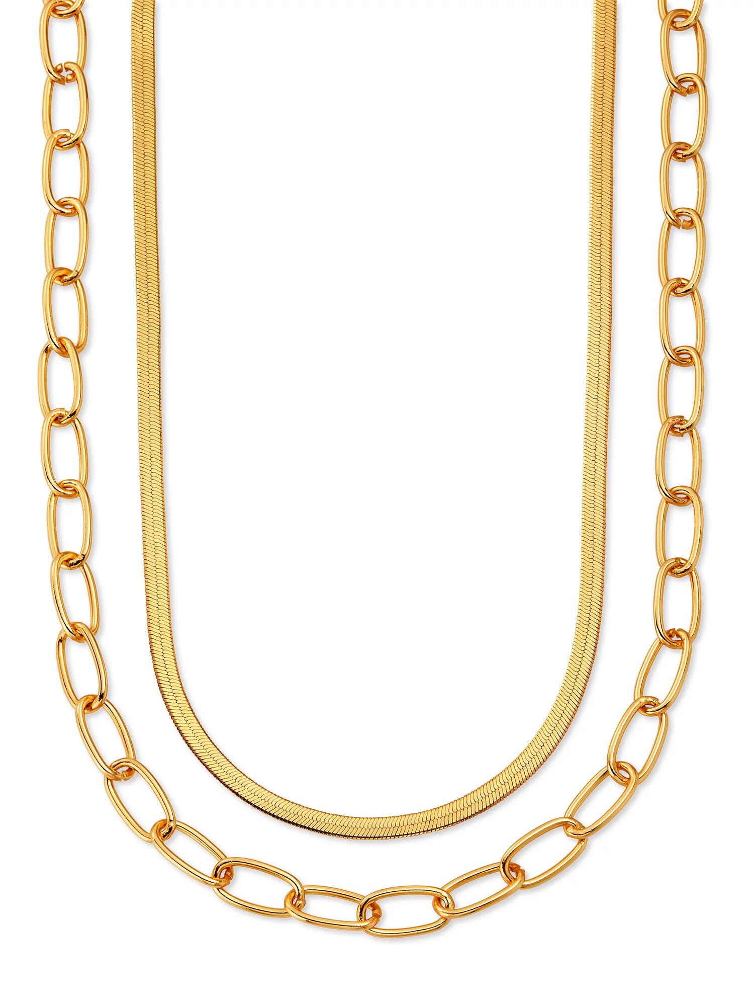 Scoop 14KT Gold Flash Plated Brass Layered Herringbone and Link Chain Necklace, 15" + 3" Extender... | Walmart (US)