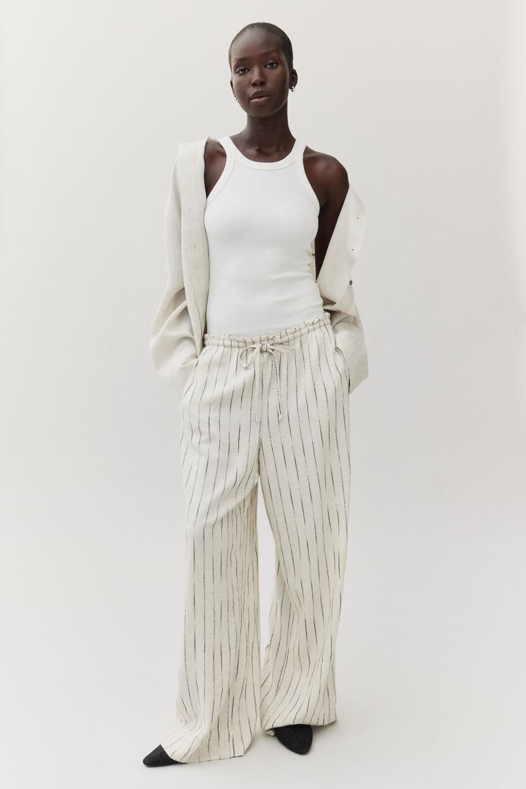 Wide linen-blend trousers - Light beige/Striped - Ladies | H&M GB | H&M (UK, MY, IN, SG, PH, TW, HK)