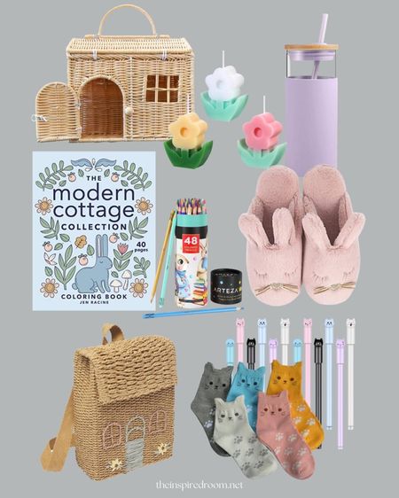 Easter basket gift ideas and spring gift guide - woven mini doll house purse and backpack, flower candles, modern cottage coloring book and erasable colored pencils, glass tumbler with bamboo lid, bunny slippers, cat socks, cat pens 

#LTKkids #LTKSeasonal #LTKGiftGuide