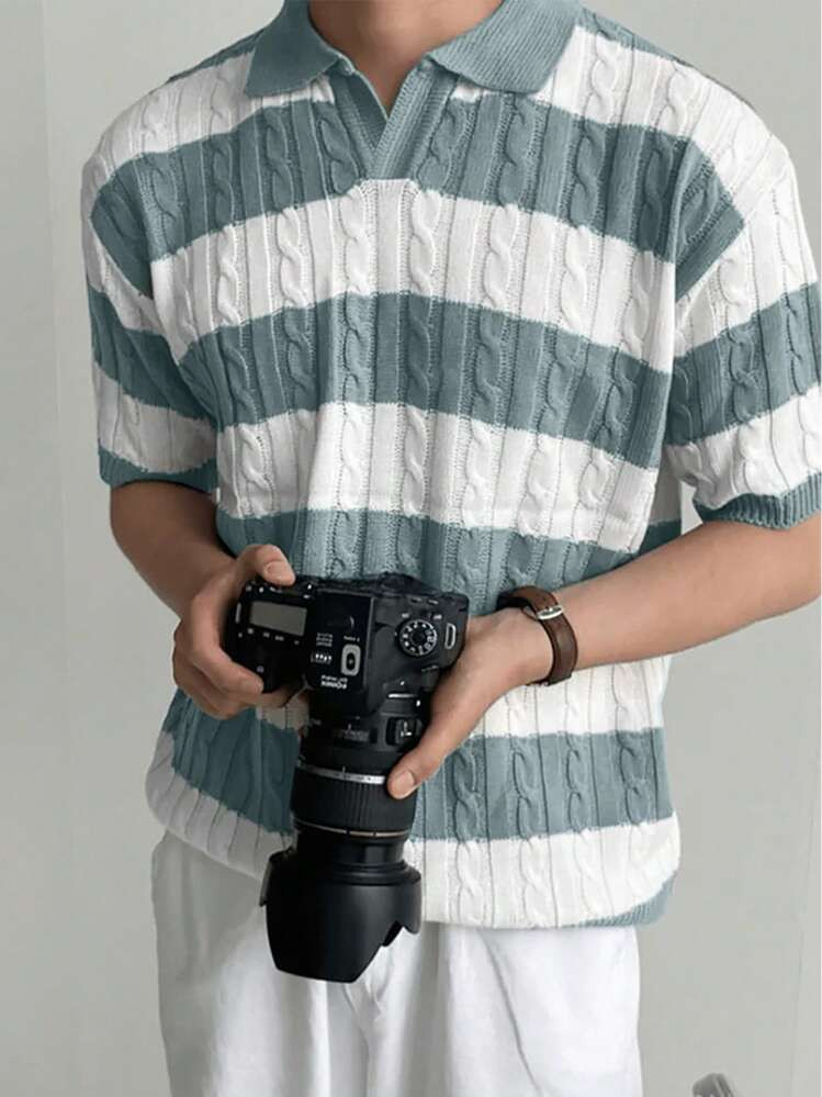 Manfinity Hypemode Camisa Polo De Manga Corta De Punto A Rayas Para Hombres Para Primavera Y Verano | SHEIN