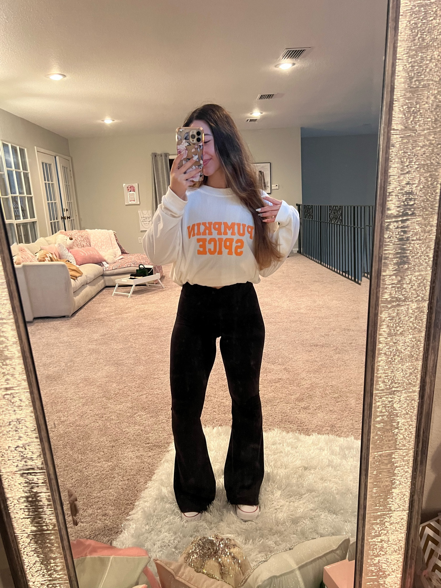 Casual ootd: pumpkin spice sweatshirt, black flare leggings, converse high top sneakers. Xoxo, Lauren 

college girl style / university girl style / casual style / casual outfit / flared leggings / aerie leggings/ sweater / fall styles 

#LTKfindsunder100 #LTKfitness #LTKU