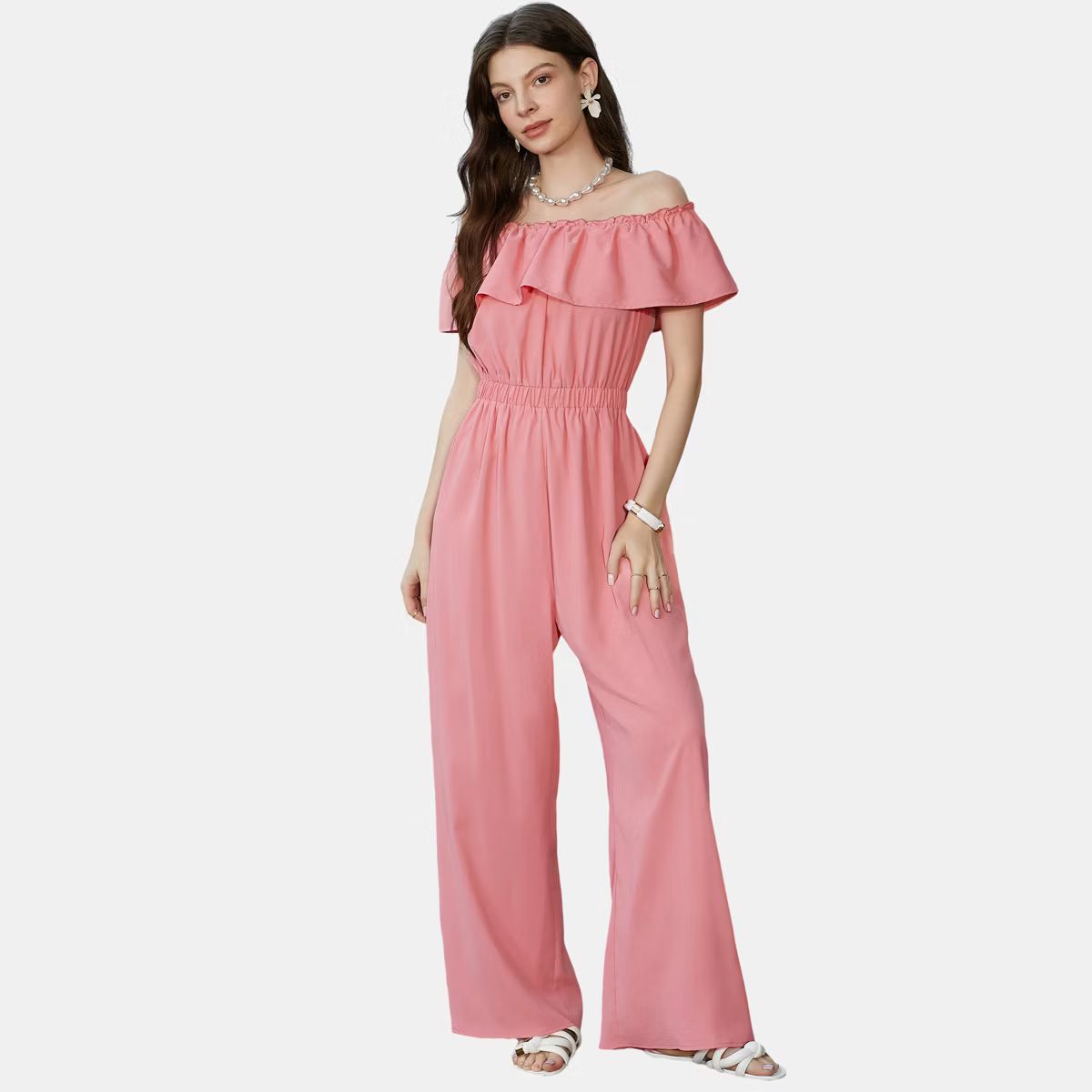 Women's Pink Ruffle Off Shoulder Wide Leg Jumpsuit - Cupshe | Target