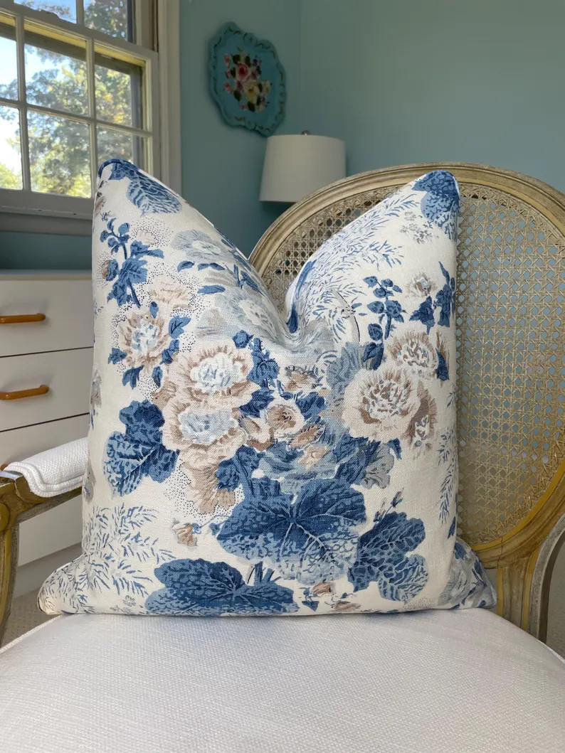 Lee Jofa Althea linen in delft colorway one or both sides decorative pillow cover. Blue and white... | Etsy (US)