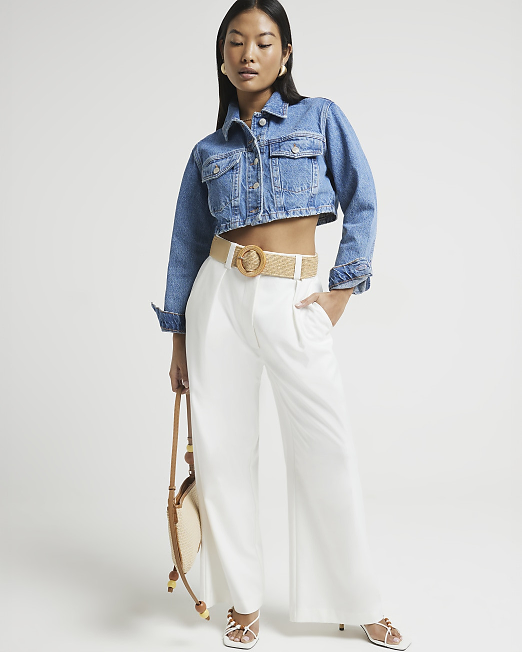 Petite blue button up crop denim jacket | River Island (UK & IE)