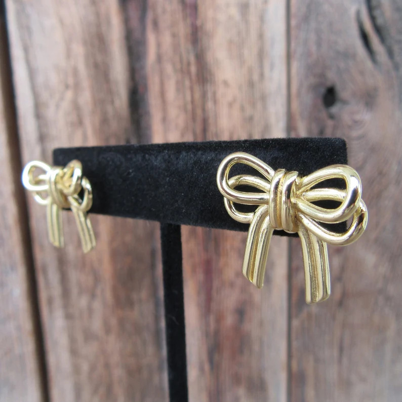90s Earrings Gold Tone Bow Earrings | Business Casual Chunky Bow Modernist Earrings | Ribbon Earr... | Etsy (US)