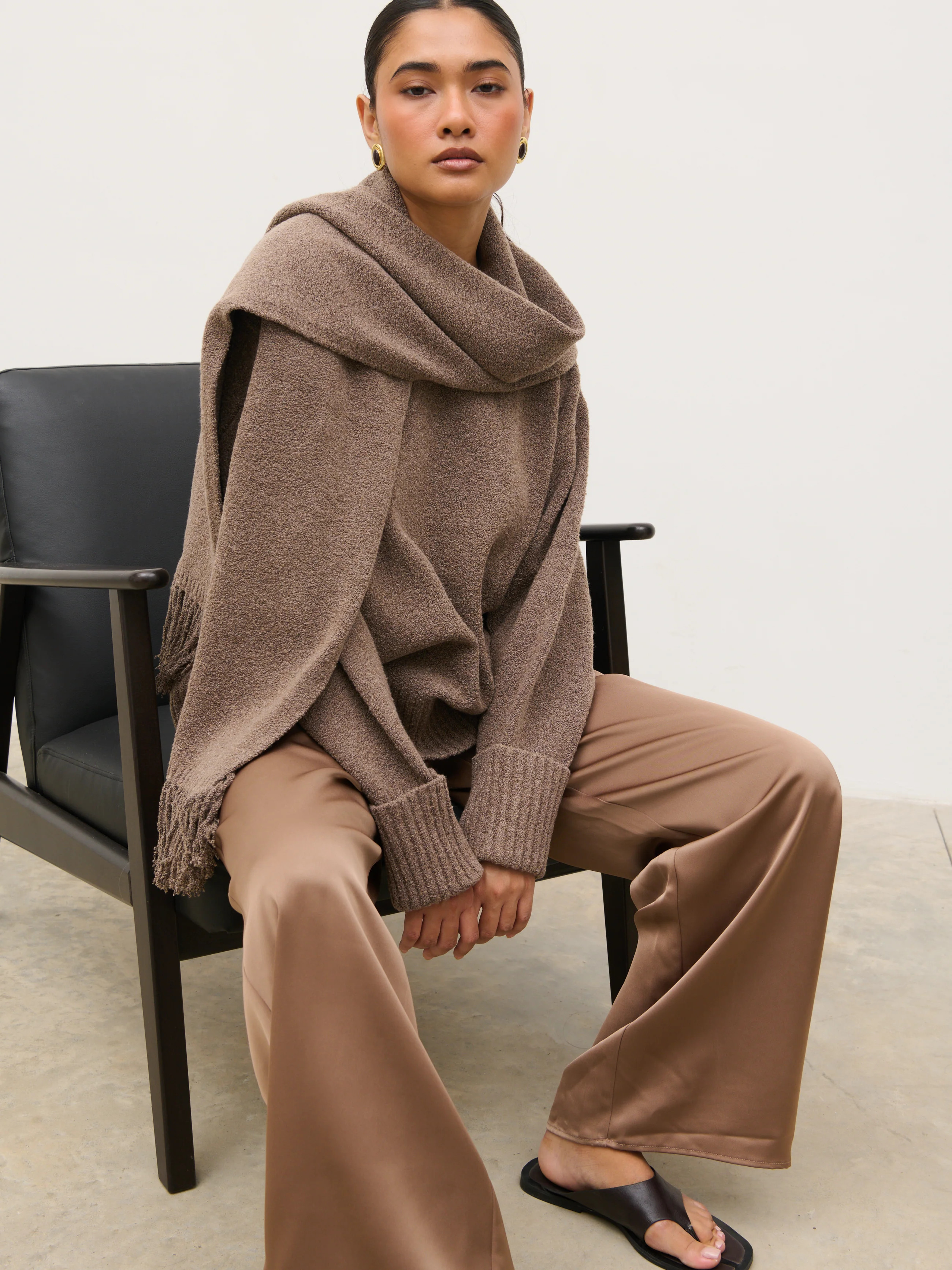 Camille Fringe Knit Scarf - Mocha | Pretty Lavish (UK)