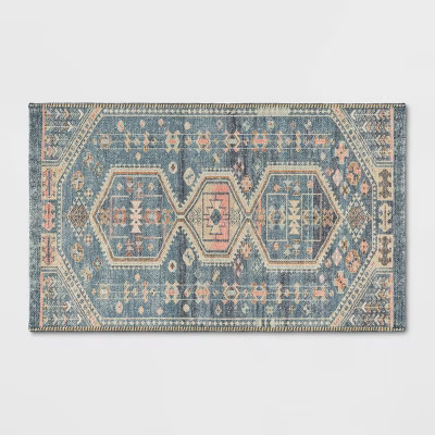2'3"x3'9" Washable Persian Style Medallion Accent Rug Blue - Threshold™: Traditional Flat Pile,... | Target